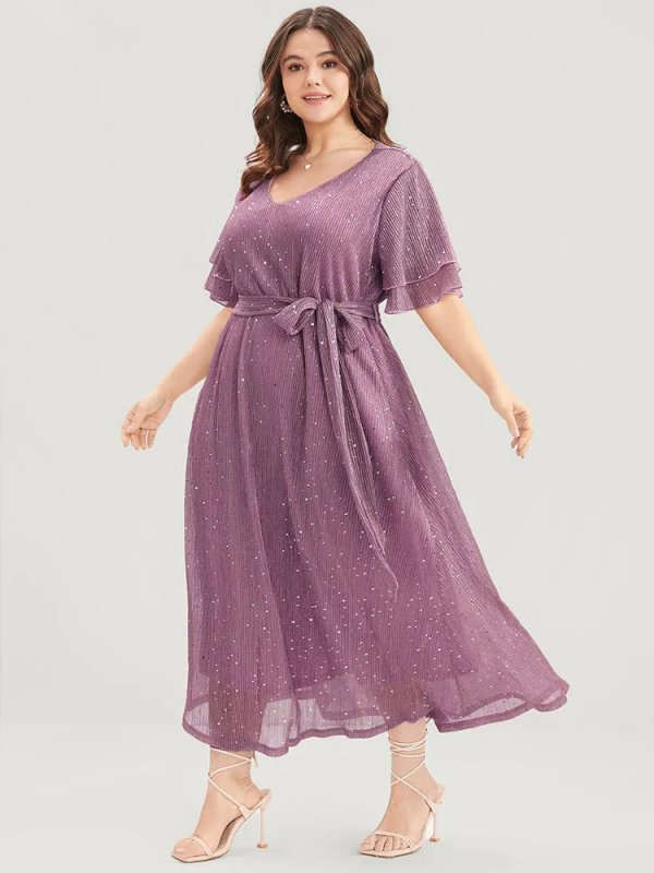 Plain V Neck Mesh Pocket Ruffle Tiered Belted Midi Dress