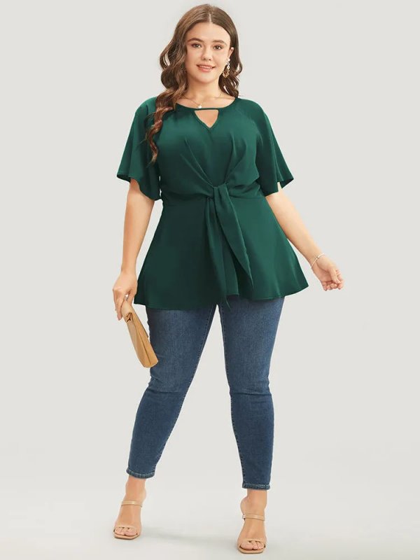 Plain Keyhole Knotted Front Ruffle Sleeve Blouse