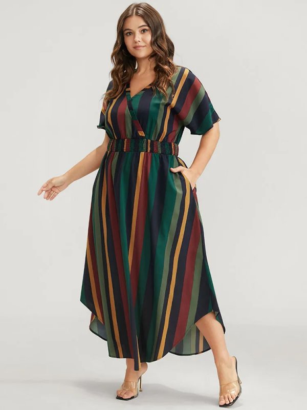 Striped Dolman Sleeve  Pocket Shirred Flutter Wrap Dress