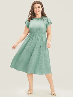 Plain Cap Sleeve Ruffles Trim Mock Neck Pocket Dress