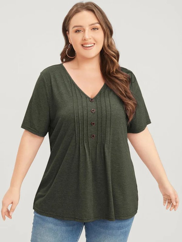 Solid Pleated Front Button Detail V Neck T-shirt