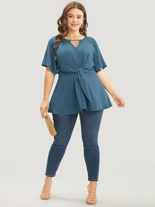 Plain Keyhole Knotted Front Ruffle Sleeve Blouse