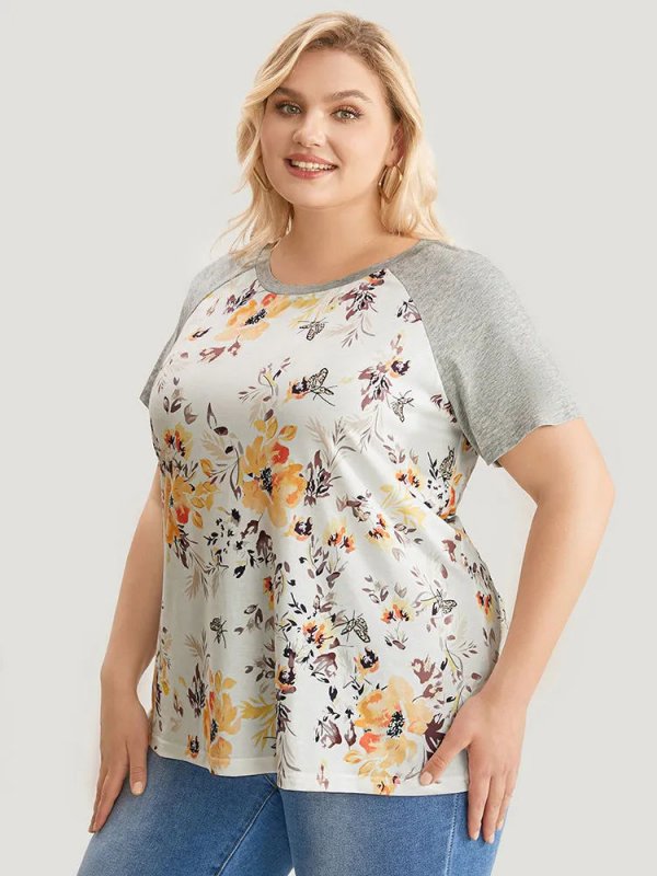 Floral & Butterfly Print Raglan Sleeve  T-shirt