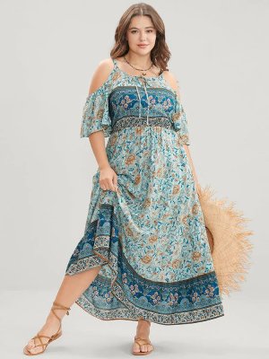 Floral Print Pocket Keyhole Ruffles Cold Shoulder Maxi Dress