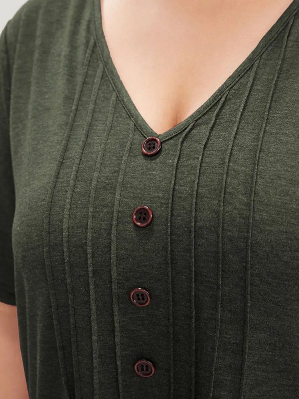 Solid Pleated Front Button Detail V Neck T-shirt