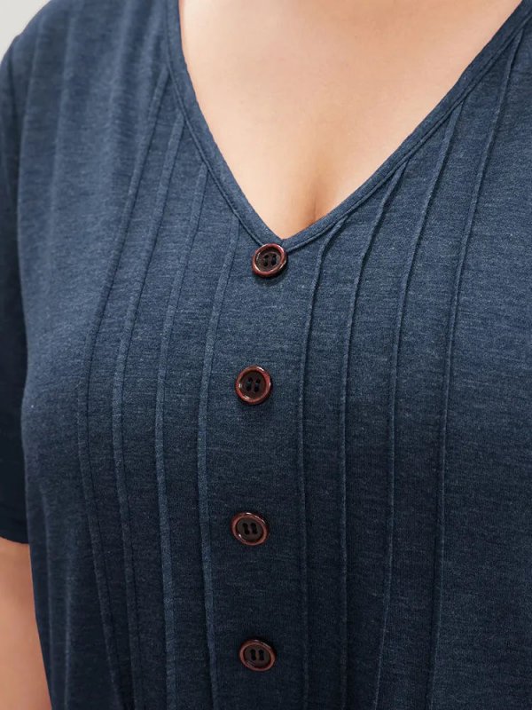 Solid Pleated Front Button Detail V Neck T-shirt