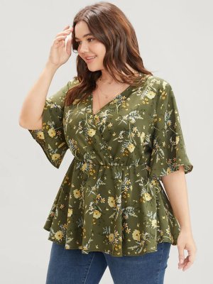 Floral Print Ruffles Surplice Neck Blouse