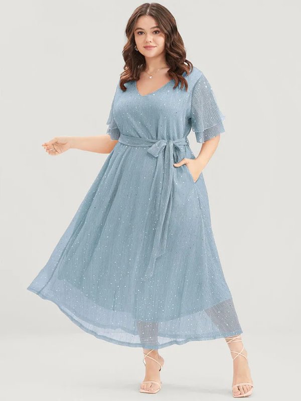 Plain V Neck Mesh Pocket Ruffle Tiered Belted Midi Dress