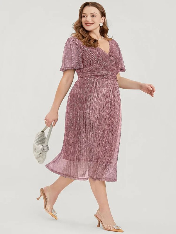 Glitter Mesh Surplice Neck Ruffle Sleeve Pocket Midi Dress