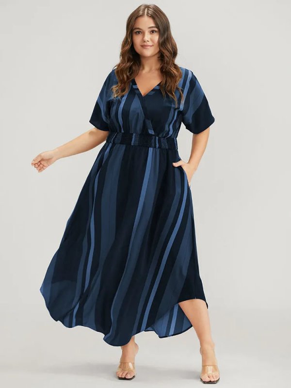 Striped Dolman Sleeve  Pocket Shirred Flutter Wrap Dress