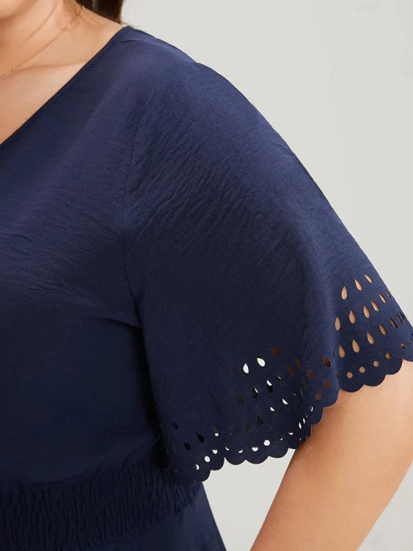 Solid Laser Cut Shirred Pocket Wrap Scalloped Trim Flutter Dress