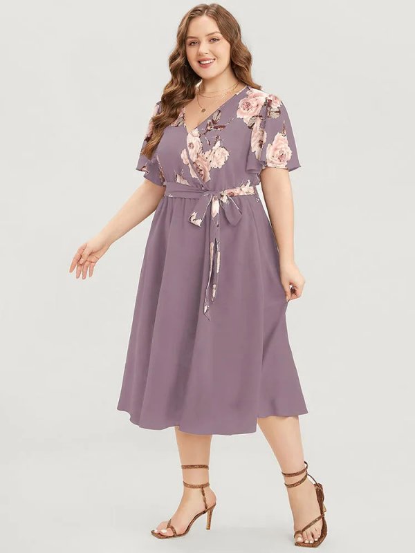 Floral Printed Pocket Ruffles Surplice Neck Belted Midi Dress