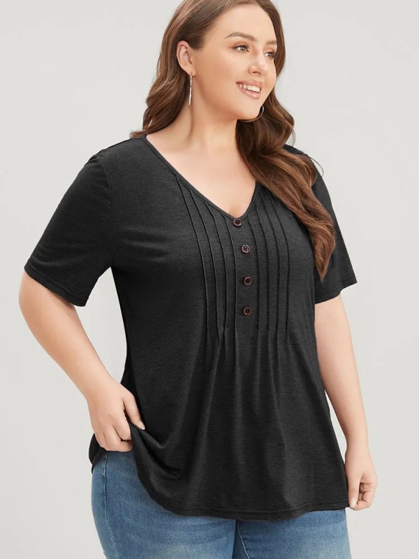 Solid Pleated Front Button Detail V Neck T-shirt