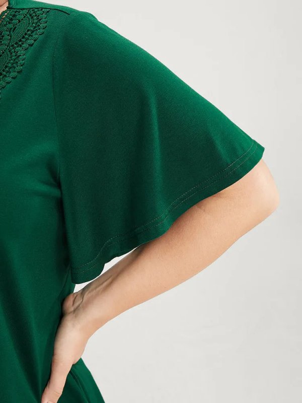 Solid Ruffle Sleeve Lace V Neck T-shirt