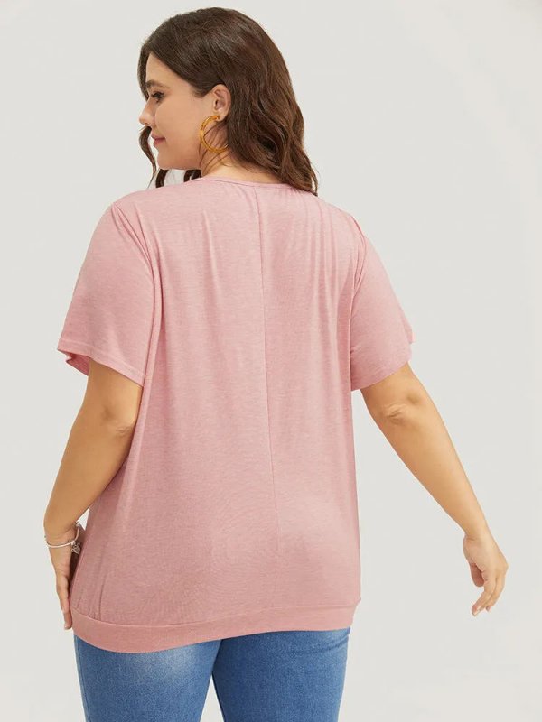 Solid Round Neck Pleated Detail T-shirt