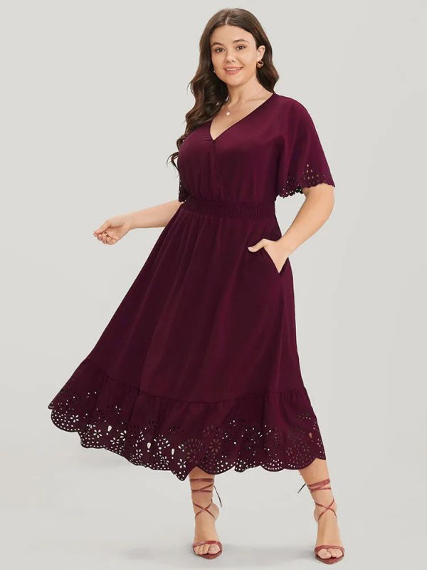 Solid Laser Cut Shirred Pocket Wrap Scalloped Trim Flutter Dress