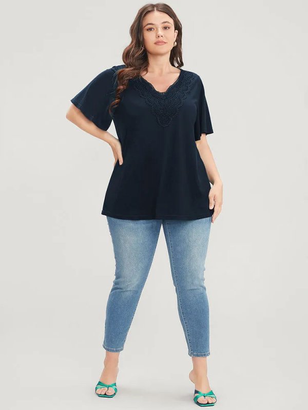 Solid Ruffle Sleeve Lace V Neck T-shirt
