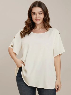 Plain Round Neck Button Detail Blouse