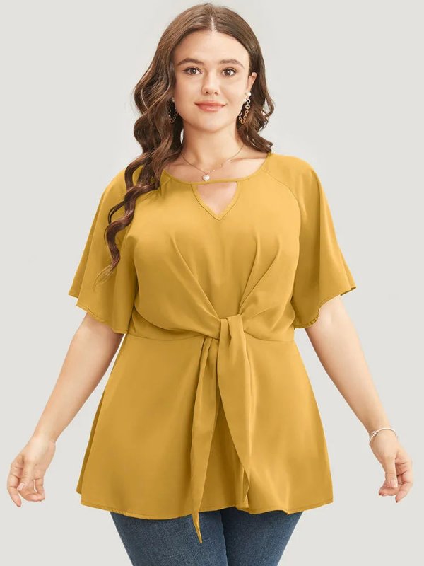 Plain Keyhole Knotted Front Ruffle Sleeve Blouse