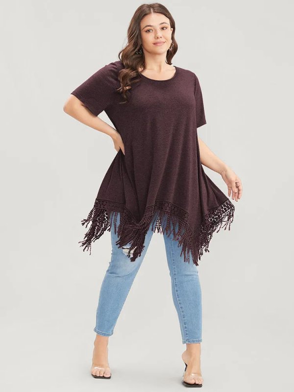 Solid Round Neck Lace Fringe Hem T-shirt