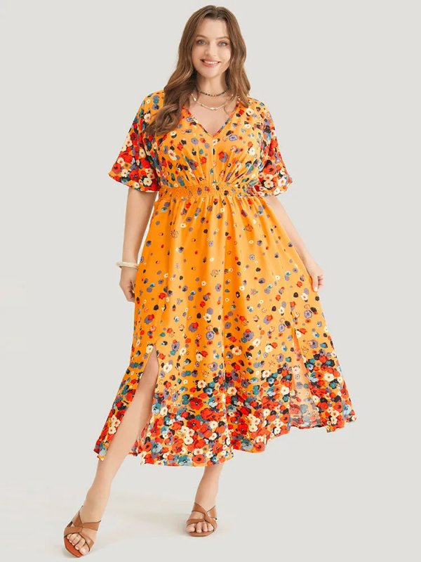 Floral Printed Pocket V Neck Shirred Split Hem Dress