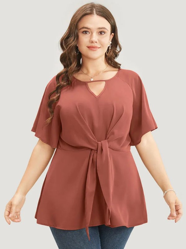 Plain Keyhole Knotted Front Ruffle Sleeve Blouse