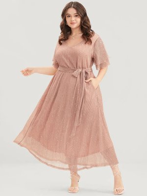 Plain V Neck Mesh Pocket Ruffle Tiered Belted Midi Dress