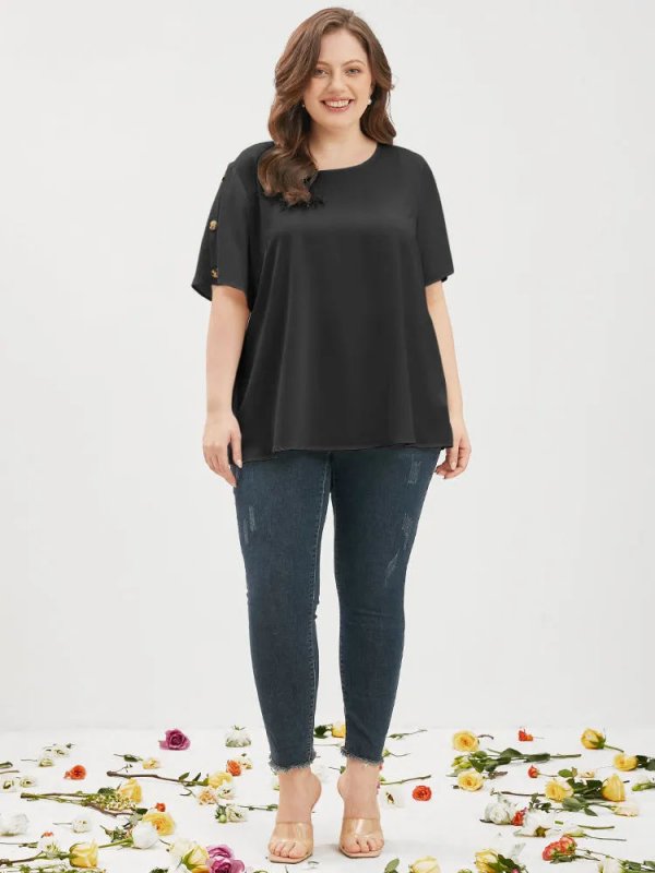 Plain Round Neck Button Detail Blouse