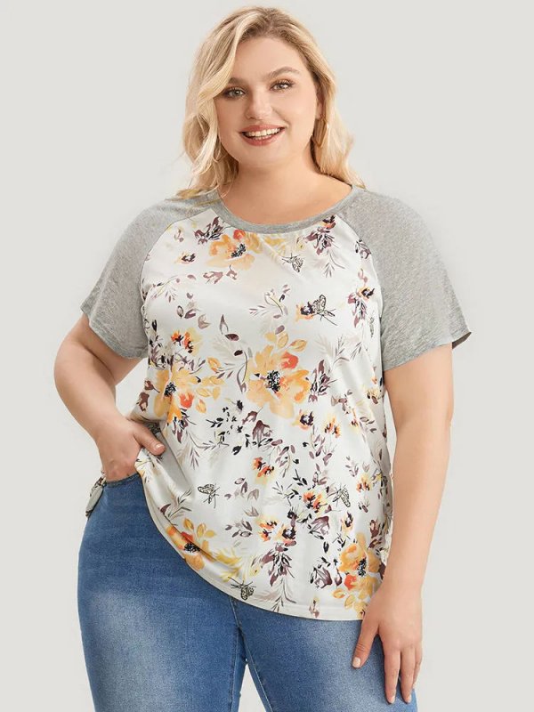 Floral & Butterfly Print Raglan Sleeve  T-shirt