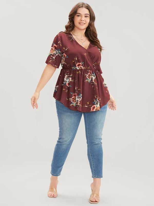 Floral Print Wrap Ruffles Asymmetrical Hem Blouse