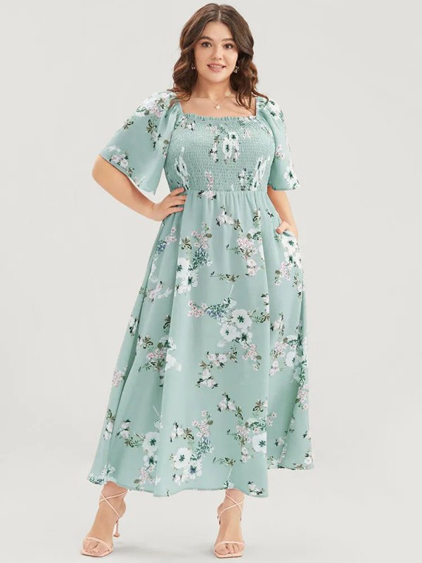 Floral Square Neck Ruffles Pocket Shirred Split Dress