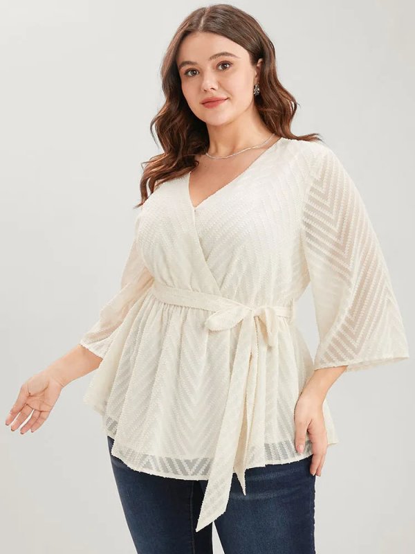 Plain Geometric Mesh Surplice Neck Belted Ruffles Blouse