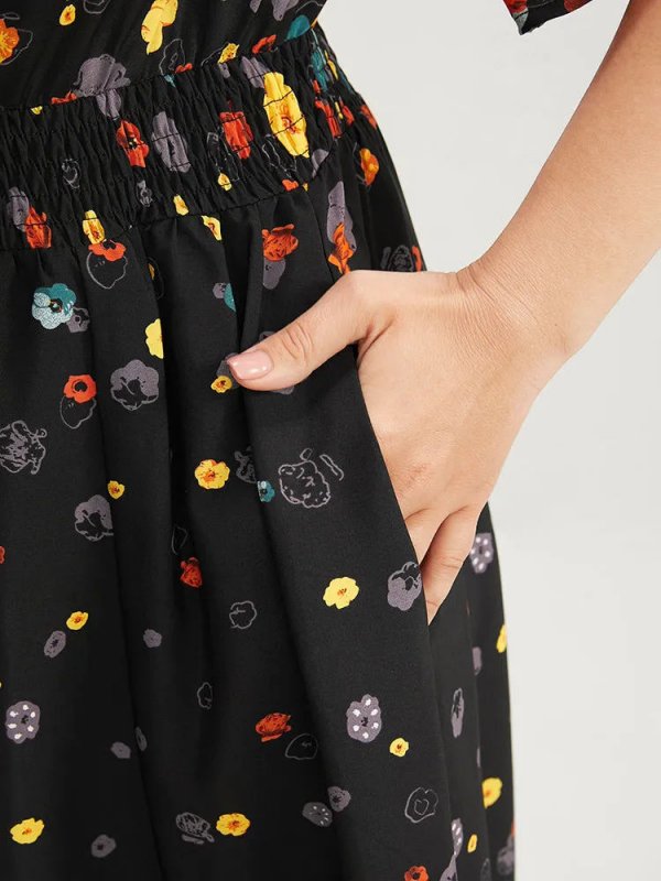 Floral Printed Pocket V Neck Shirred Split Hem Dress