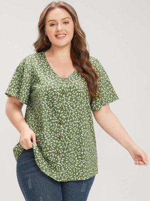 Ditsy Floral Ruffle Sleeve Button Detail Blouse