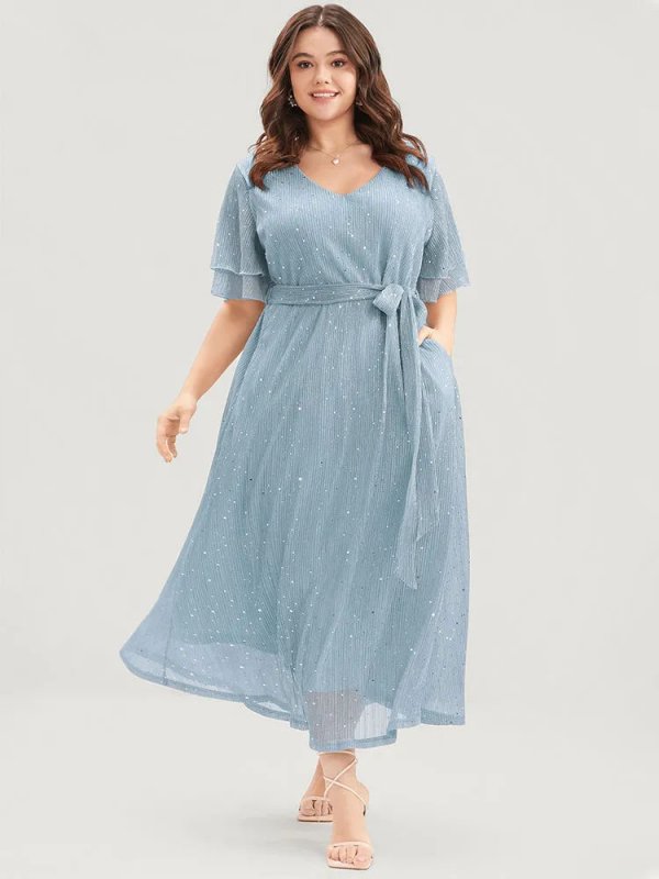 Plain V Neck Mesh Pocket Ruffle Tiered Belted Midi Dress