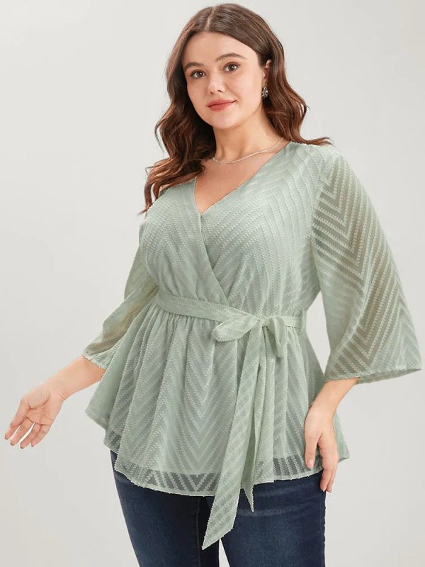 Plain Geometric Mesh Surplice Neck Belted Ruffles Blouse