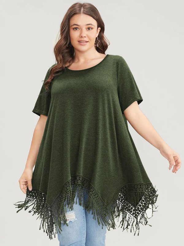 Solid Round Neck Lace Fringe Hem T-shirt