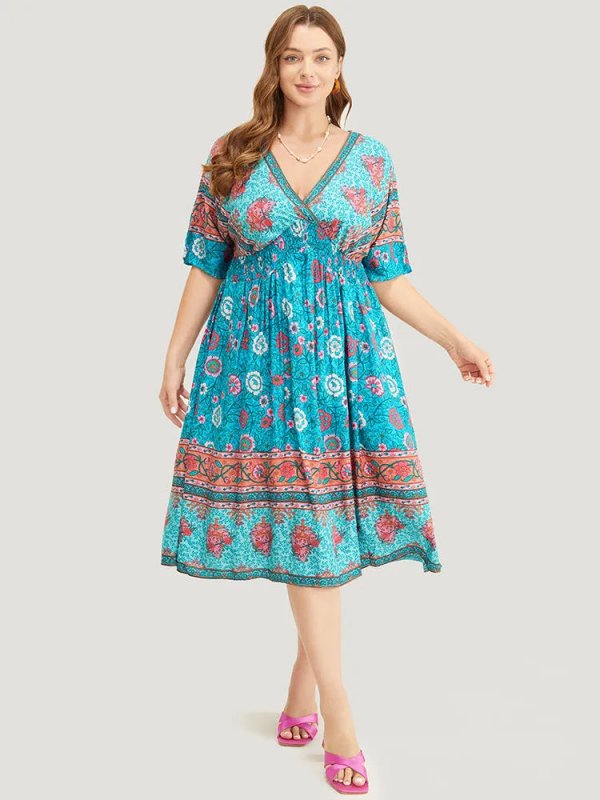 Floral Dolman Sleeve Ruffles Shirred Split Hem Dress