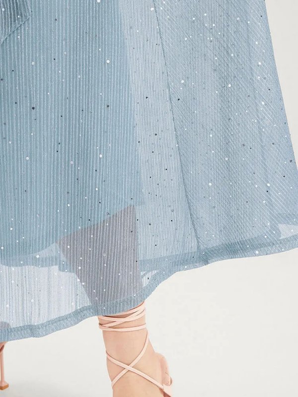 Plain V Neck Mesh Pocket Ruffle Tiered Belted Midi Dress