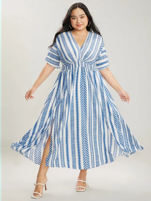 Solid Geometric Dolman Sleeve Pocket Shirred Split Hem Dress