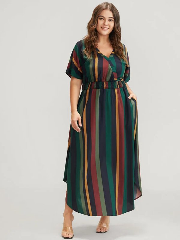 Striped Dolman Sleeve  Pocket Shirred Flutter Wrap Dress