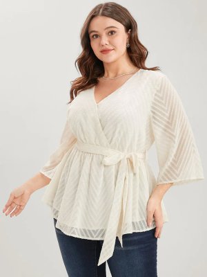 Plain Geometric Mesh Surplice Neck Belted Ruffles Blouse