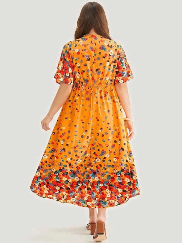 Floral Printed Pocket V Neck Shirred Split Hem Dress