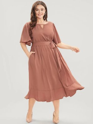 Solid Keyhole Round Neck Pocket Belted Flutter Dress