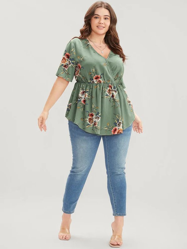 Floral Print Wrap Ruffles Asymmetrical Hem Blouse