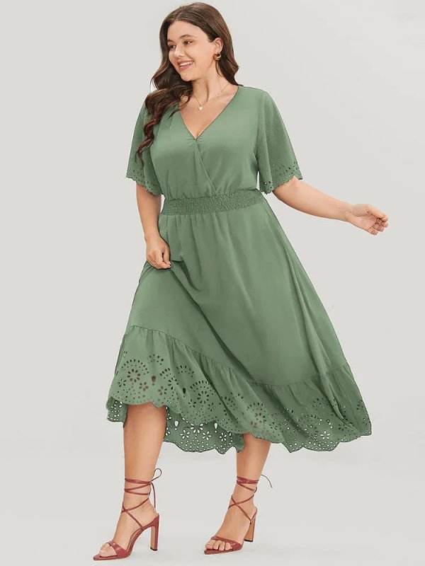 Solid Laser Cut Shirred Pocket Wrap Scalloped Trim Flutter Dress