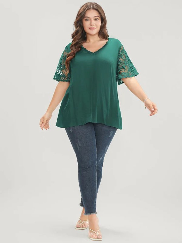 Plain V Neck Floral Patchwork Blouse