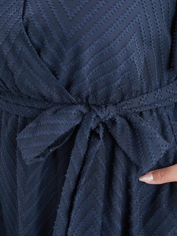 Plain Geometric Pocket Mesh Ruffle Sleeve Belted Wrap Dress