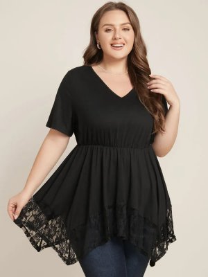 Solid V Neck Ruffles Lace Hanky Hem T-shirt