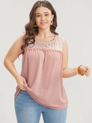 Solid Patchwork Sleeveless Pompom Trim Tank Top